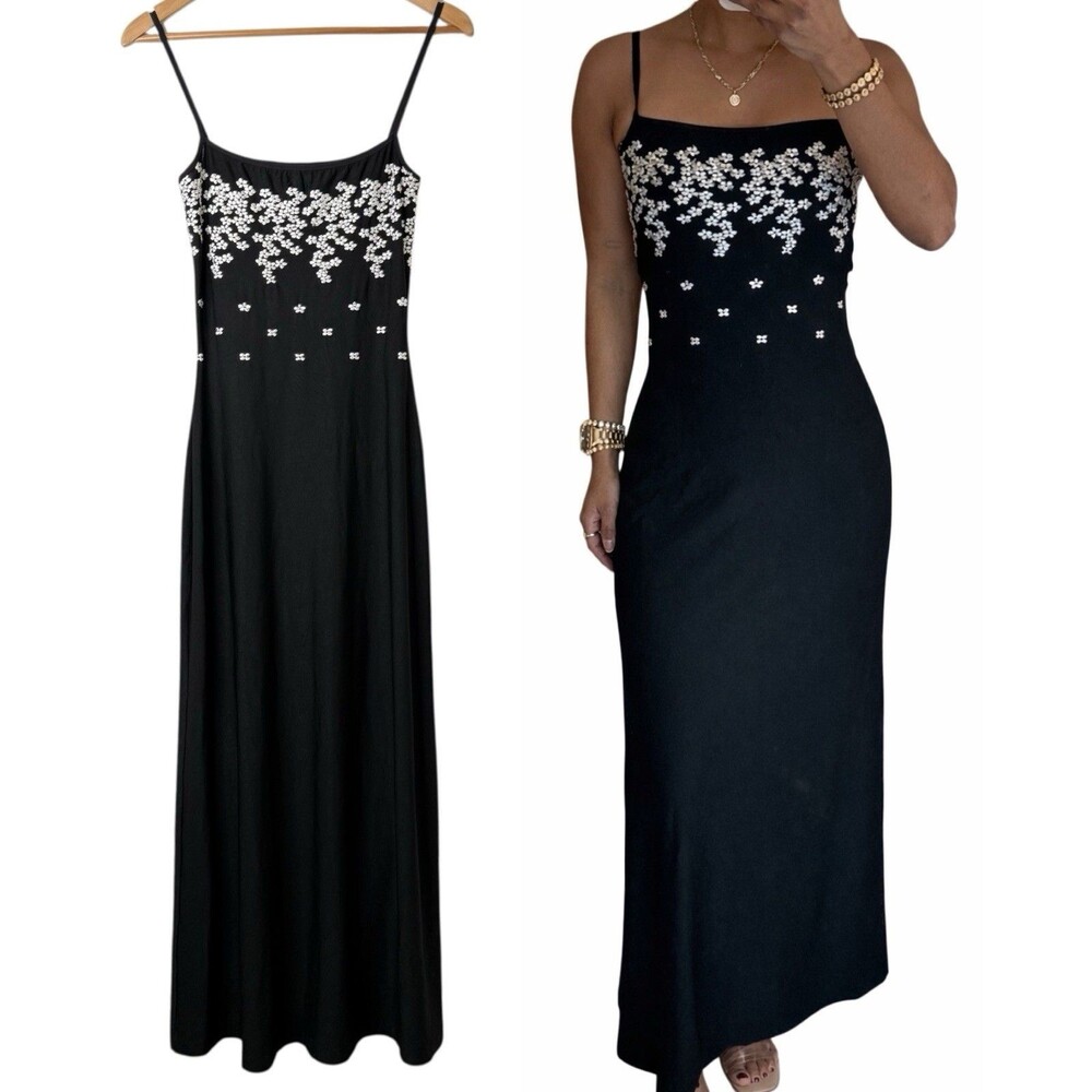 VTG 90s Y2K Cache Maxi Dress Gown Sz S Prom Slinky Fairy Whimsigoth Embroidered